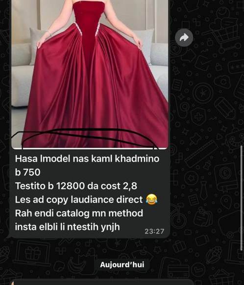 رسالة: الموديل خدموه بـ750، تاستيتو بـ12800 دج، cost 2,8
