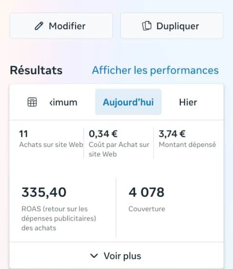 لوحة إعلانات Meta: 11 كوموند، 0,34 € للكوموند، ROAS 335,40