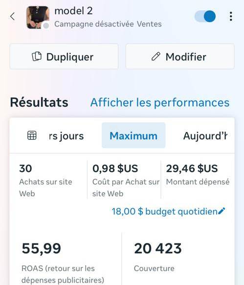 Ad set: 30 كوموند، 0,98 $ للكوموند، ROAS 55,99